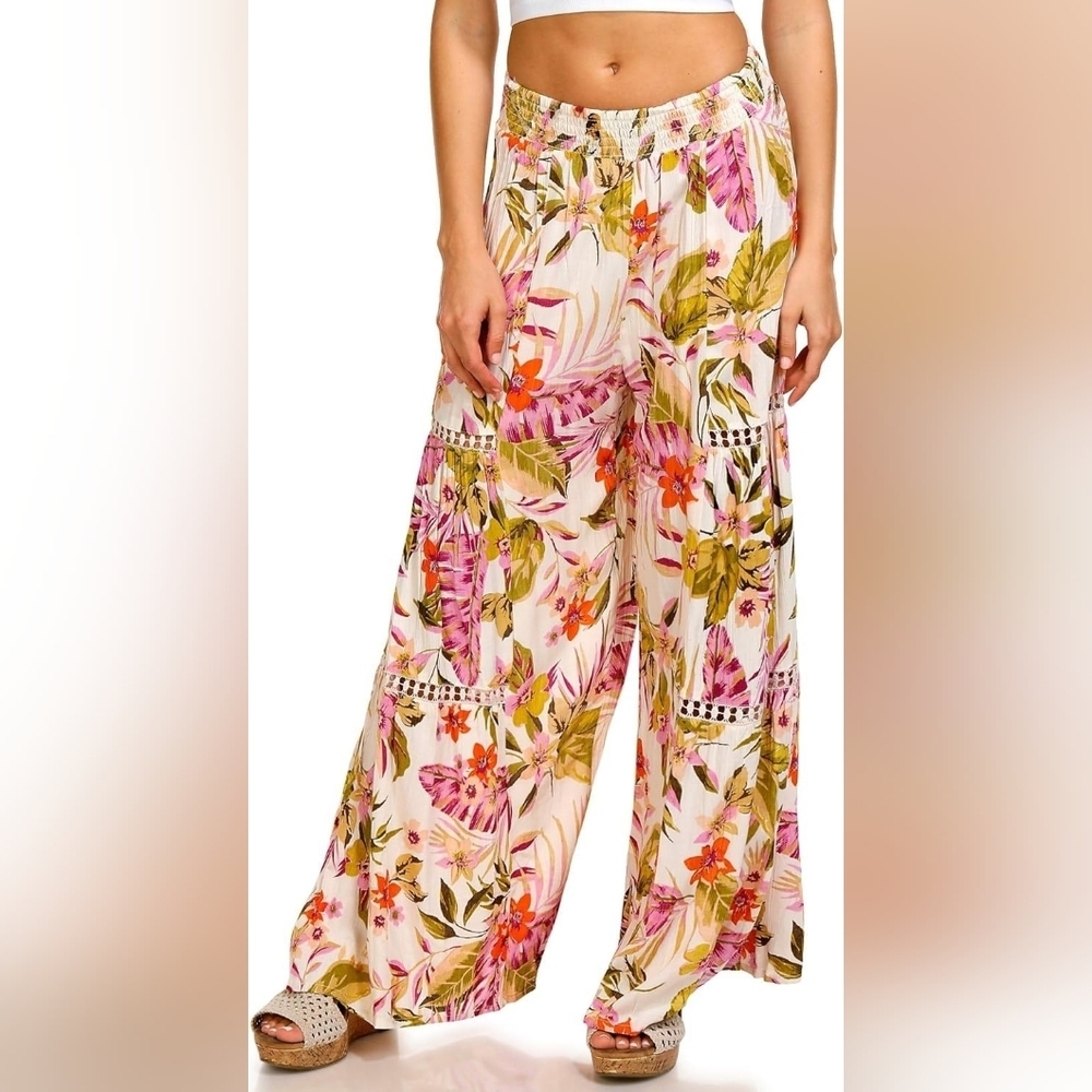 Angie NWT Tropical Flotal Wide Leg Boho Pull On Elastic Waist Pants 3X